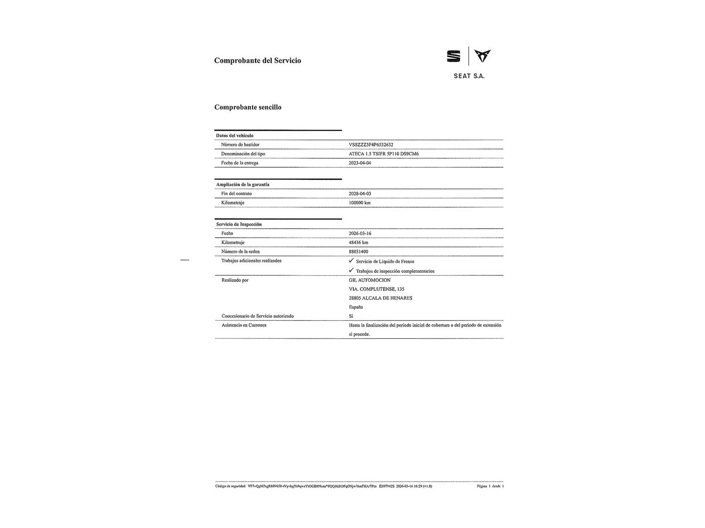 Foto del mantenimiento del Seat Ateca Seat Ateca 1.5 TSI S&S FR XL (150 CV)