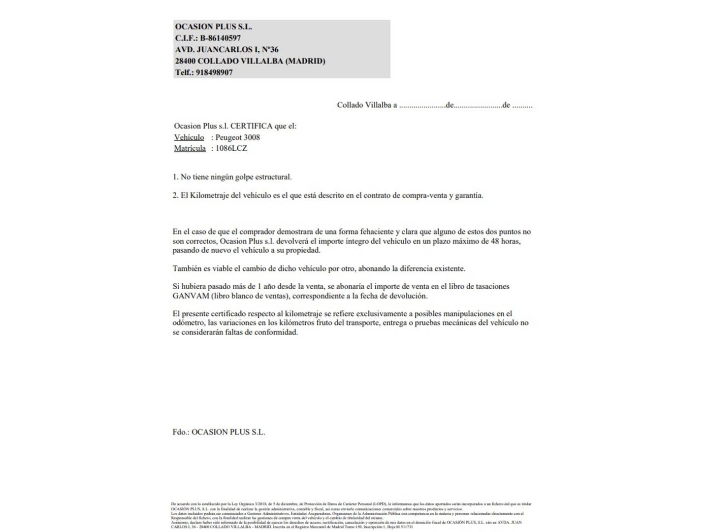 Foto del certificado del Peugeot 3008 Peugeot 3008 BlueHDi 130 S&S Allure (130 CV)