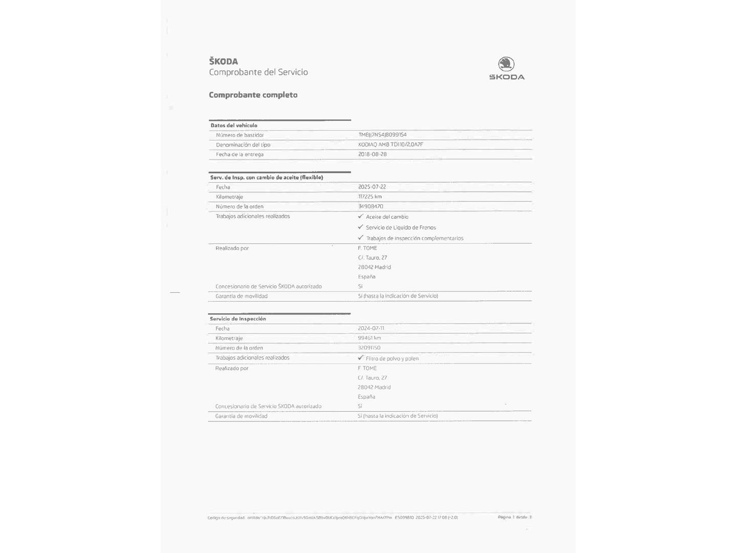Foto del mantenimiento del Skoda Kodiaq Skoda Kodiaq 2.0 TDI Ambition 4x2 DSG (150 CV) 7 Plazas