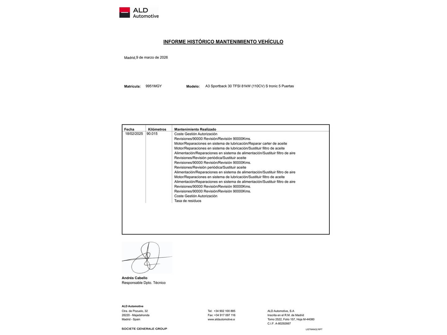 Foto del mantenimiento del Audi A3 Audi A3 Sportback 30 TFSI (110 CV) S tronic