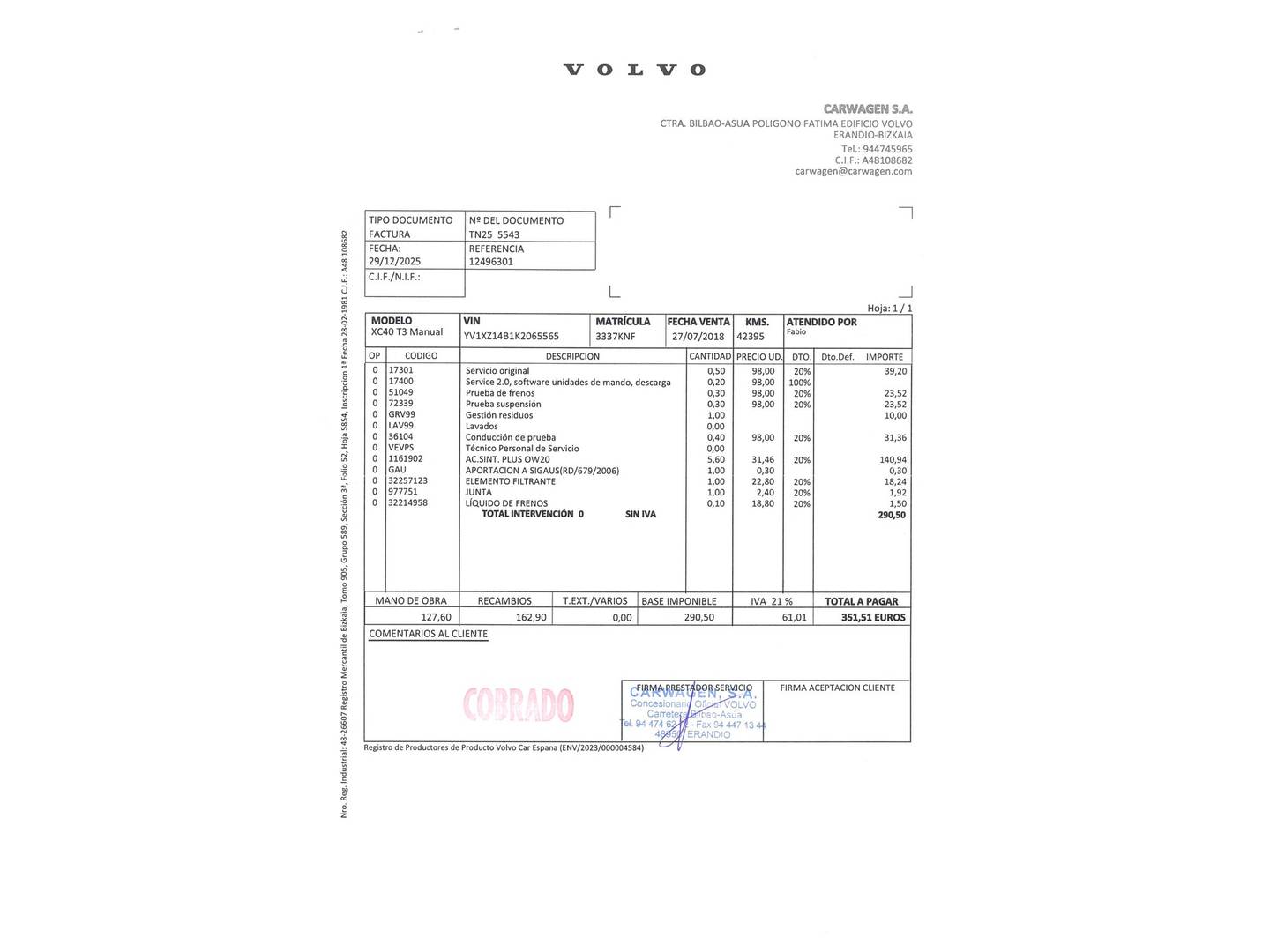 Foto del mantenimiento del Volvo XC40 Volvo XC40 T3 (156 CV)
