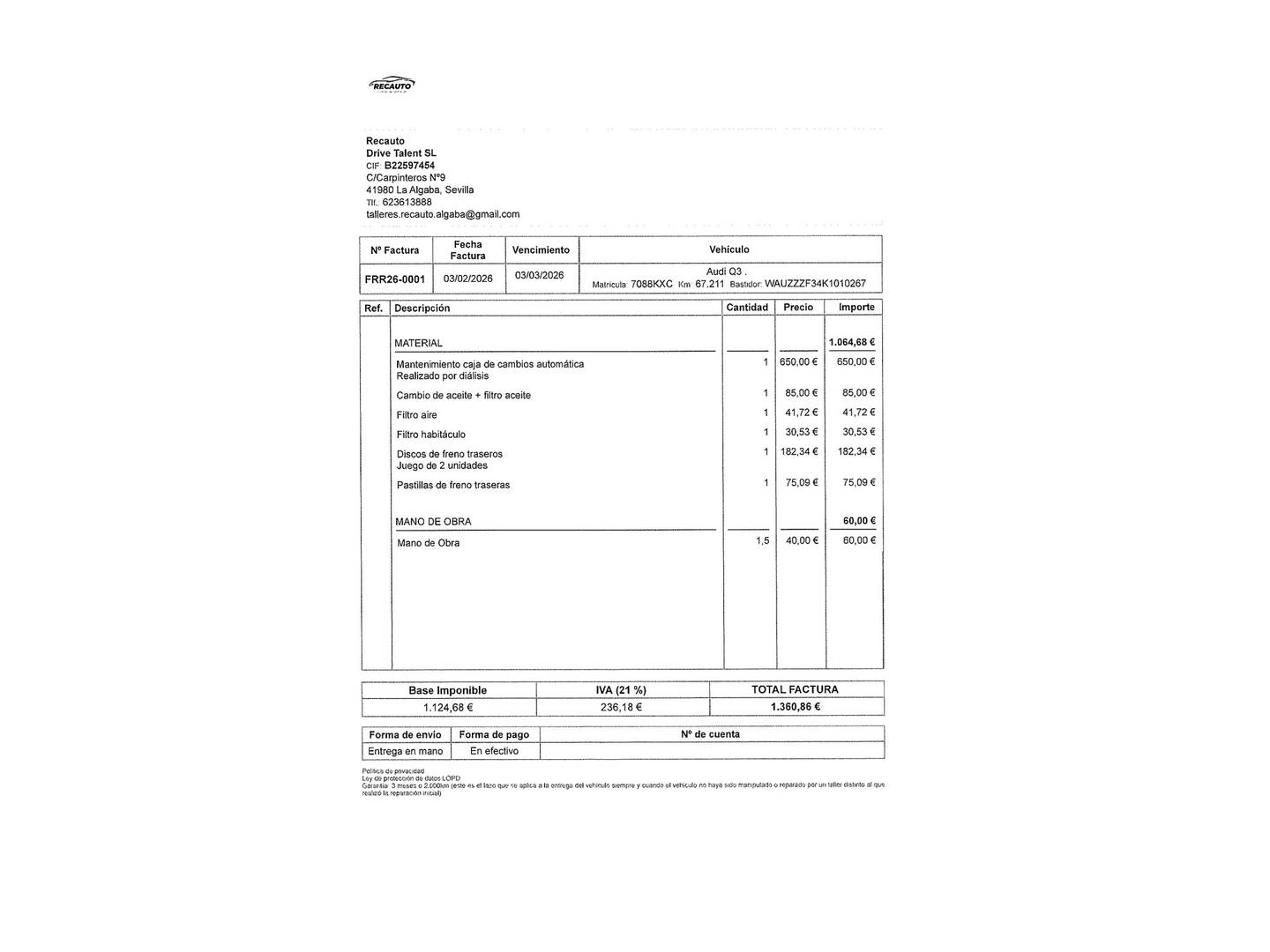 Foto del mantenimiento del Audi Q3 Audi Q3 Black line 40 TFSI quattro (190 CV) S tronic