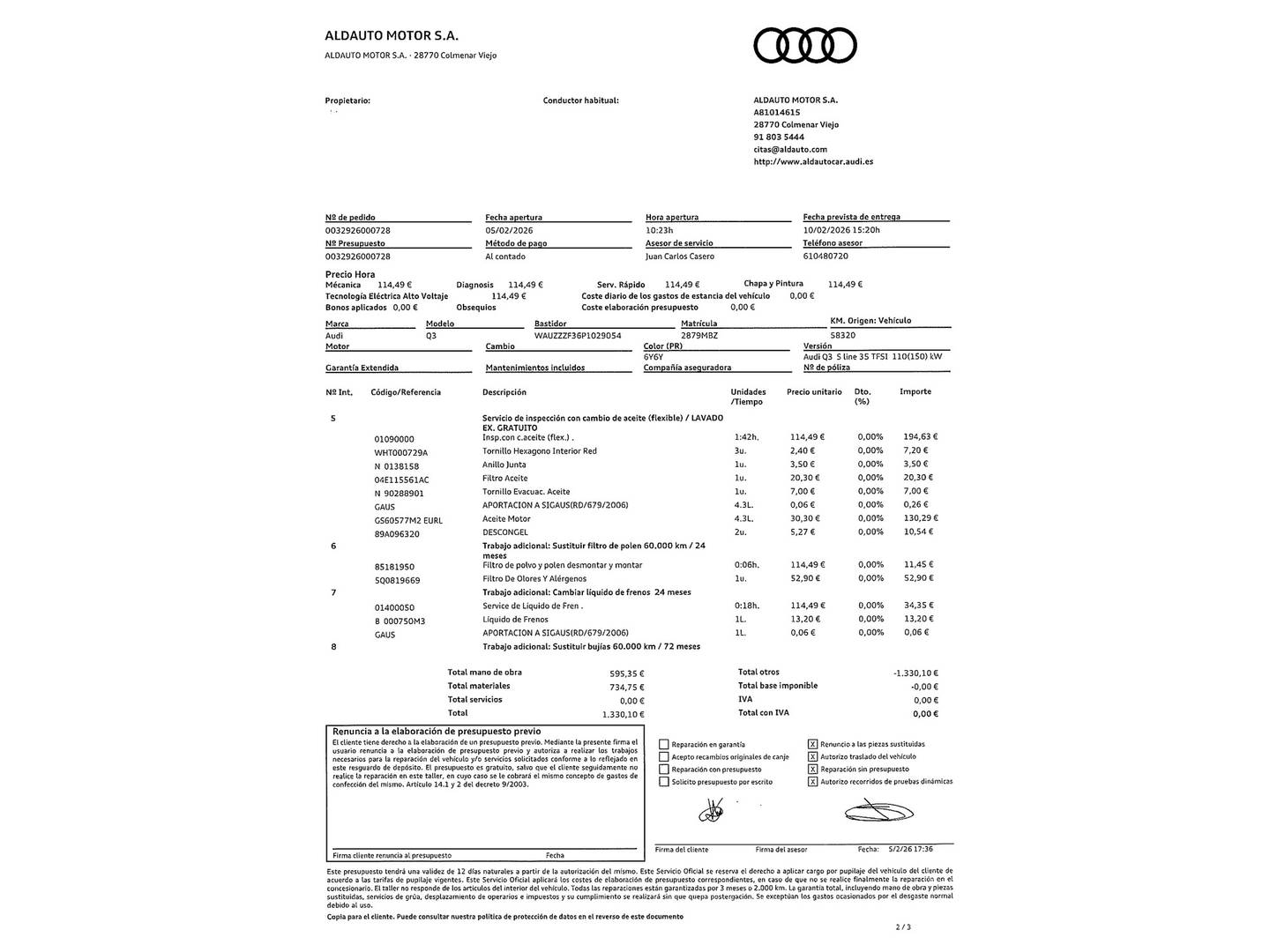 Foto del mantenimiento del Audi Q3 Audi Q3 S line 35 TFSI (150 CV) S tronic