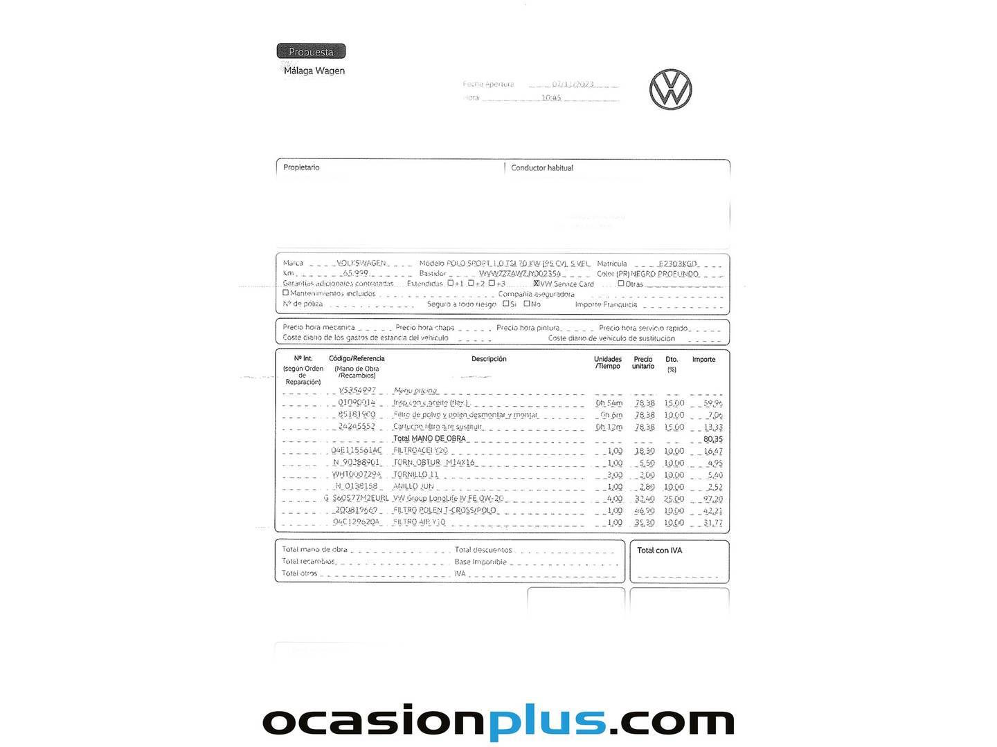 Foto del mantenimiento del Volkswagen Polo Volkswagen Polo Sport 1.0 TSI (95 CV)