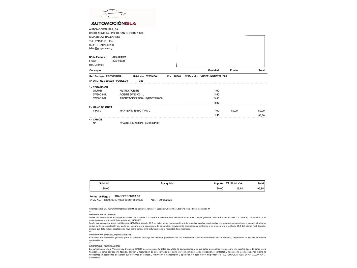 Foto del mantenimiento del Peugeot 308 Peugeot 308 PureTech 130 S&S Allure EAT8 (130 CV)
