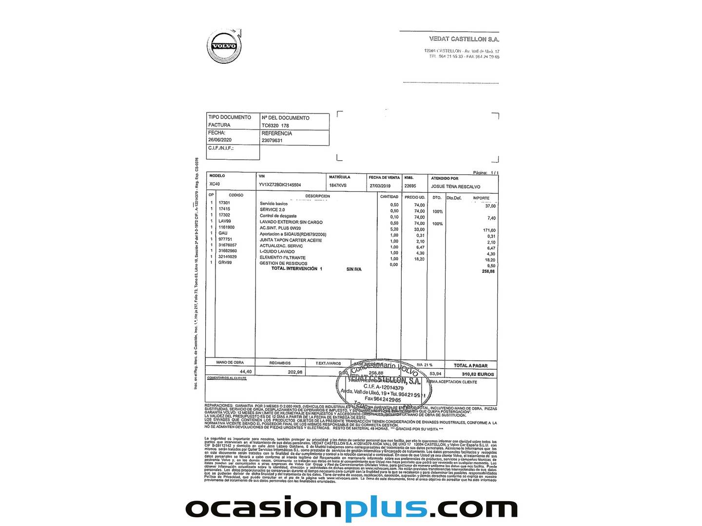 Foto del mantenimiento del Volvo XC40 Volvo XC40 D3 Auto (150 CV)