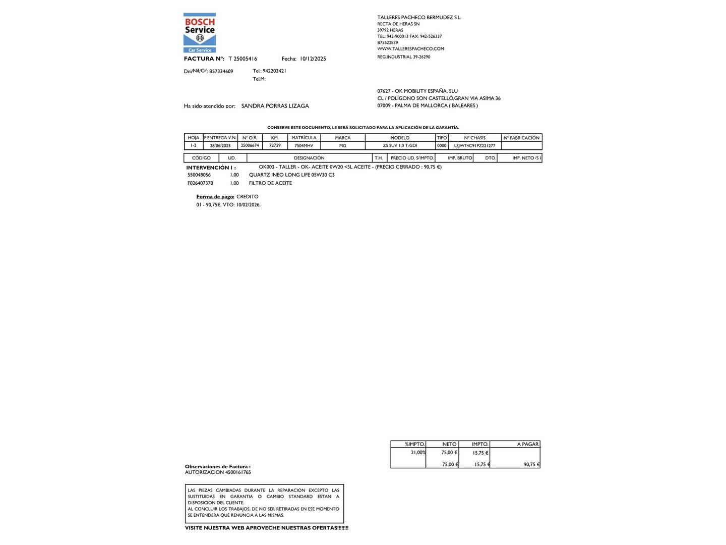 Foto del mantenimiento del MG ZS MG ZS 1.0T Luxury Auto (111 CV)