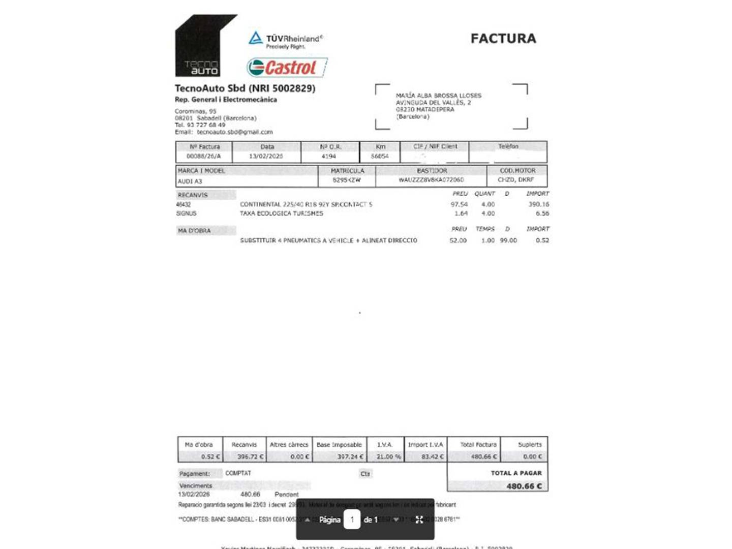 Foto del mantenimiento del Audi A3 Audi A3 Sportback S Line edition 1.0 TFSI (115 CV) S tronic
