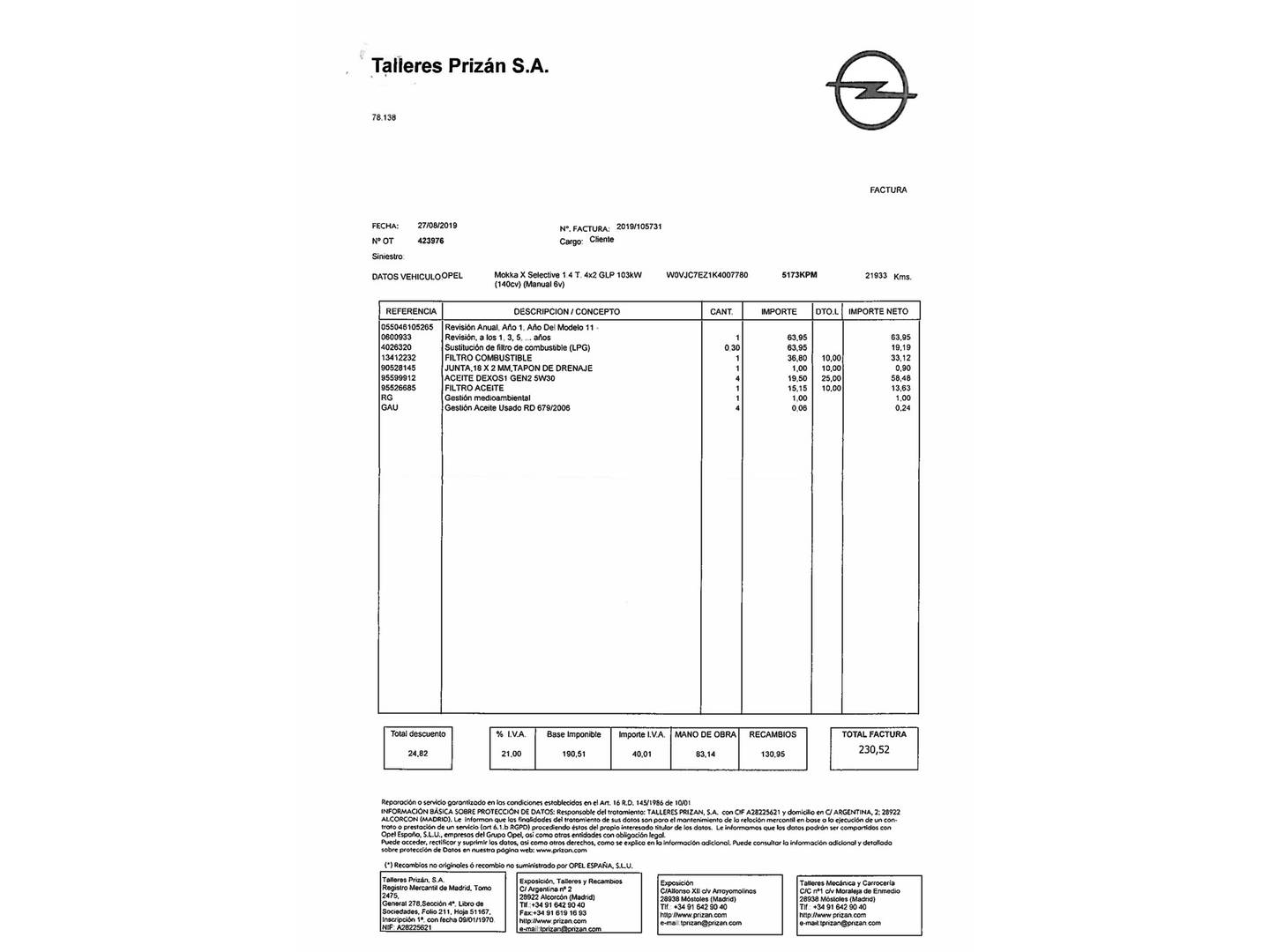 Foto del mantenimiento del Opel Mokka X Opel Mokka X 1.4 Turbo GLP Selective 4X2 (140 CV)