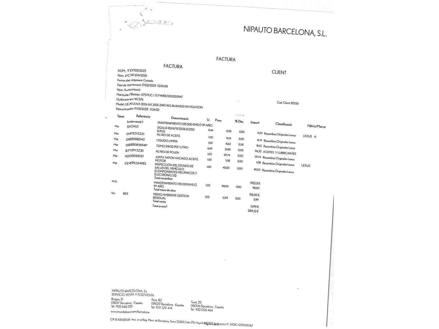 Foto del mantenimiento del Lexus NX Lexus NX 300h Business 2WD (197 CV)