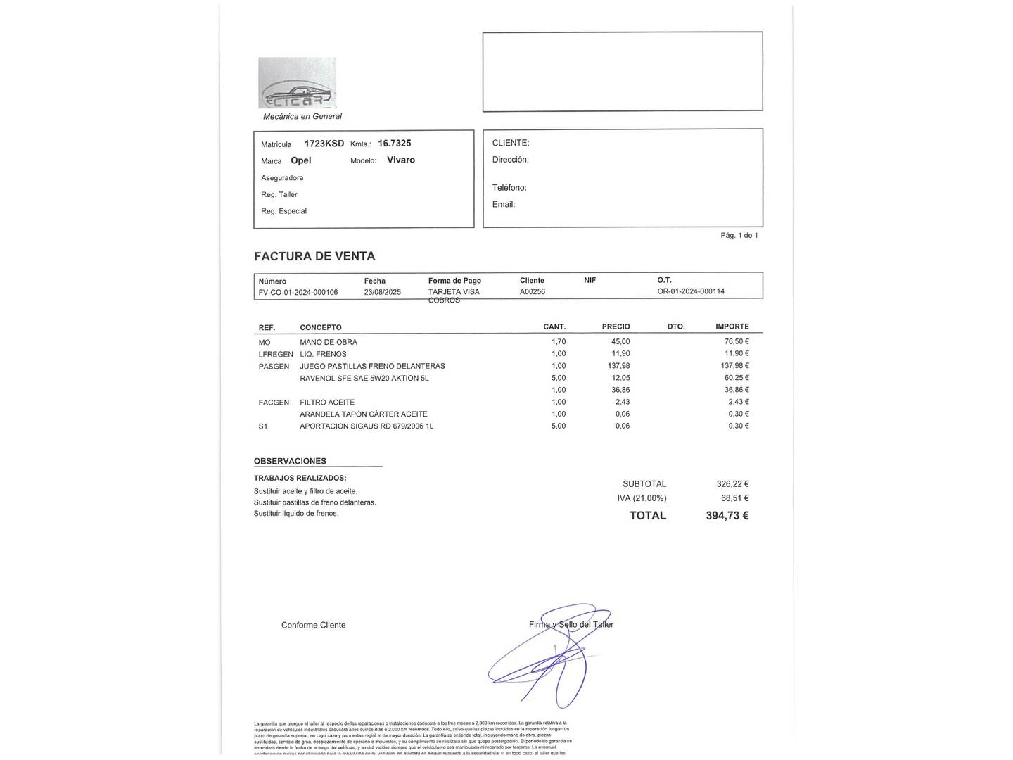 Foto del mantenimiento del Opel Vivaro Opel Vivaro Combi 1.6 CDTI S&S 29t L1 (120 CV) 9 Plazas