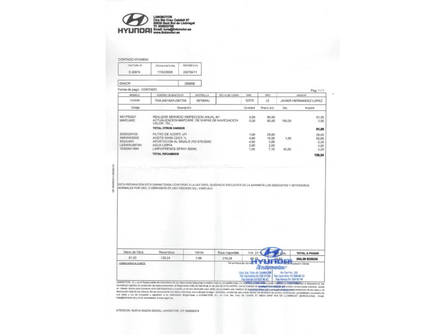 Foto del mantenimiento del Hyundai Tucson Hyundai Tucson 1.6 TGDI 48V N-Line 4X2 (150 CV)