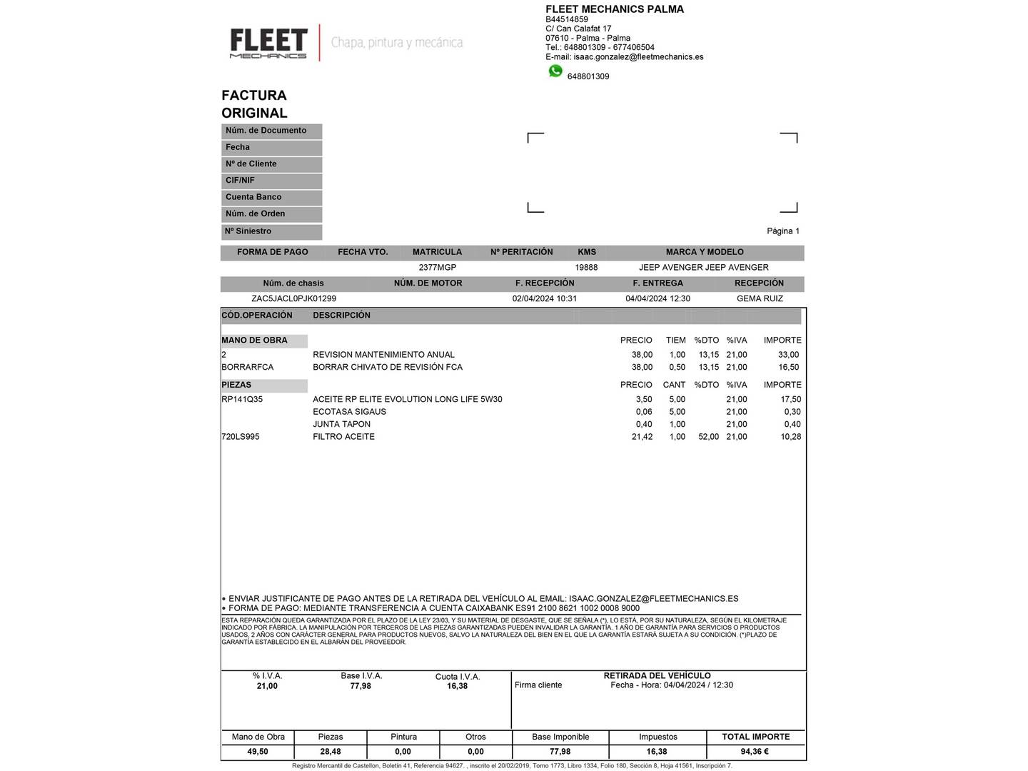 Foto del mantenimiento del Jeep Avenger Jeep Avenger 1.2 G Summit (100 CV)
