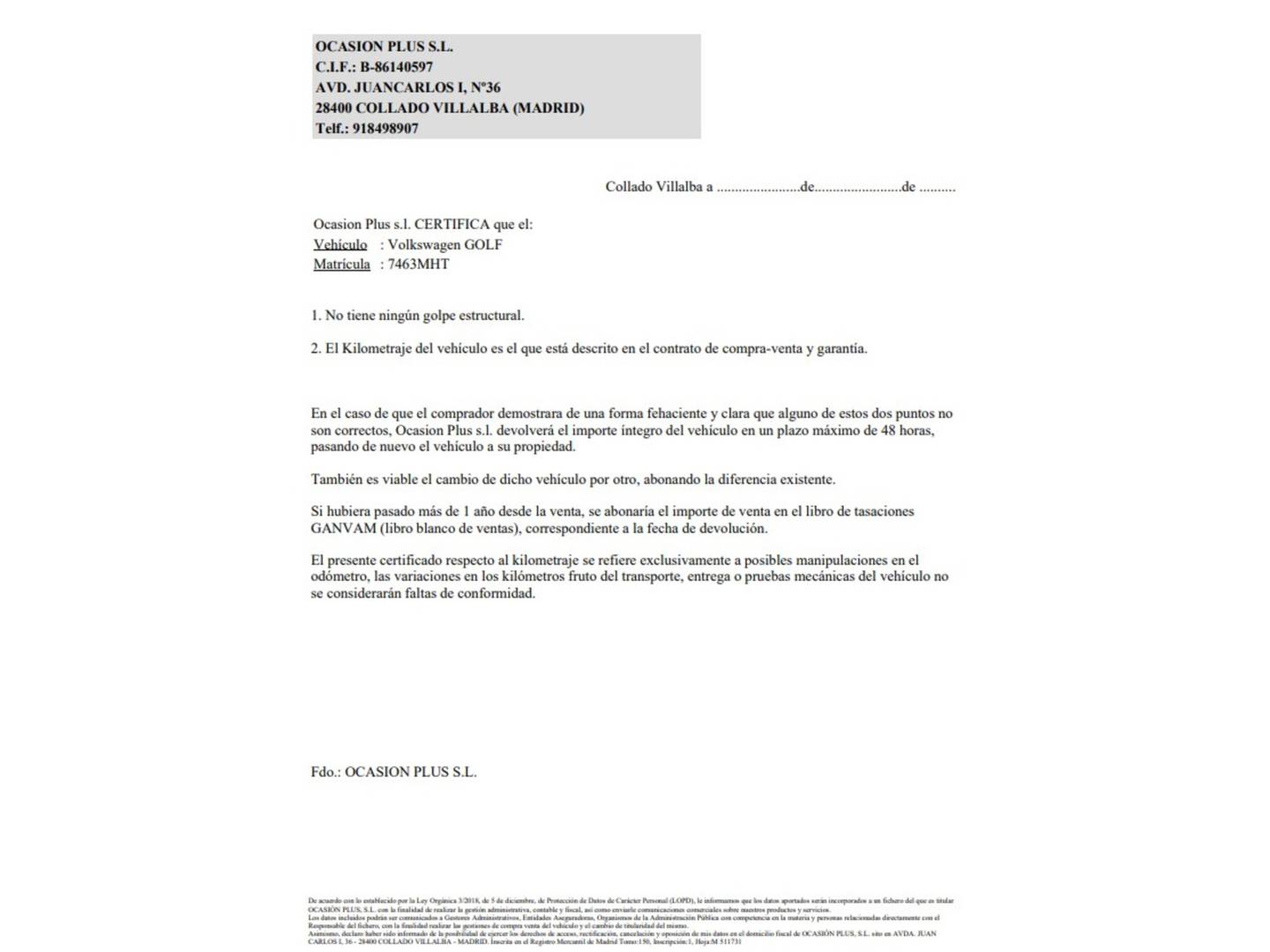 Foto del certificado del Volkswagen Golf Volkswagen Golf Life 1.0 eTSI (110 CV) DSG