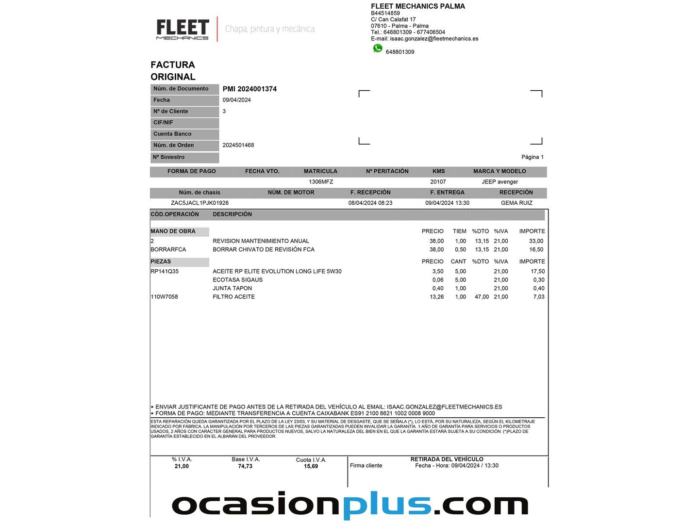 Foto del mantenimiento del Jeep Avenger Jeep Avenger 1.2 G Summit (100 CV)