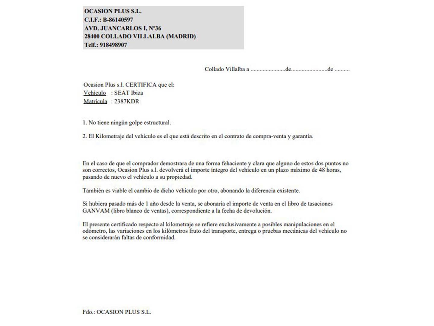 Foto del certificado del Seat Ibiza SEAT Ibiza 1.0 EcoTSI  FR  (115 CV)