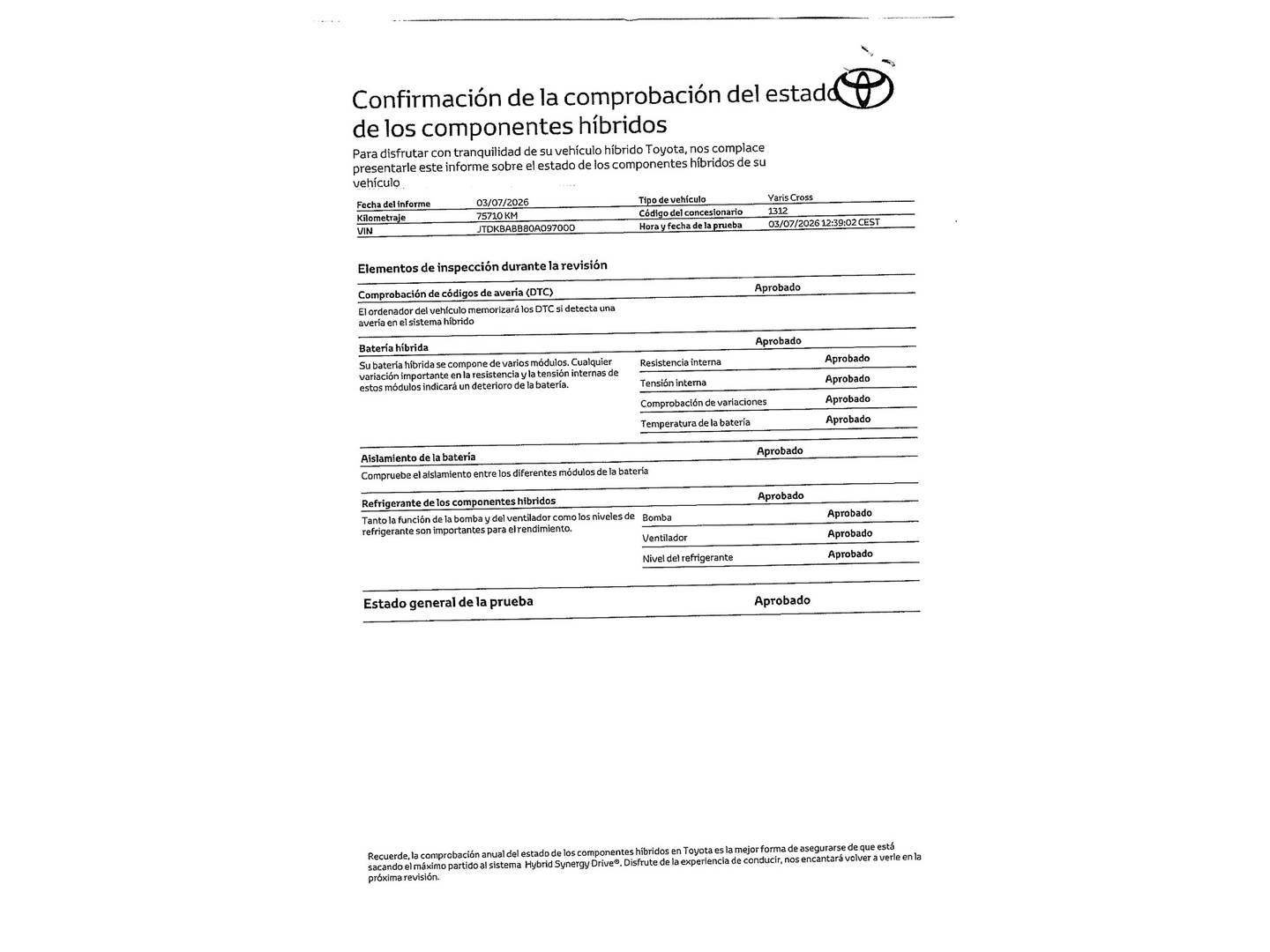 Foto del mantenimiento del Toyota Yaris Cross Toyota Yaris Cross 120H Style (116 CV)