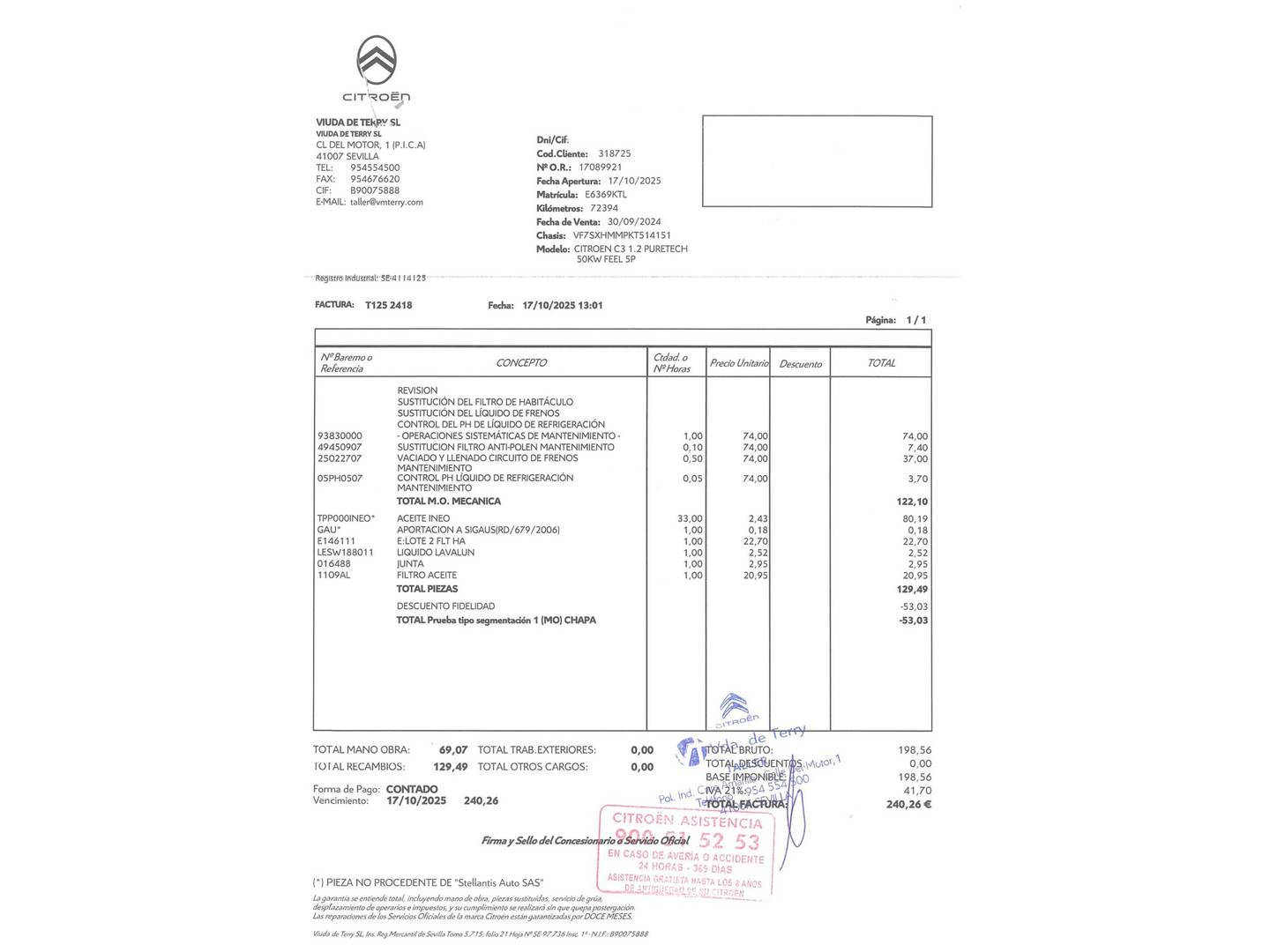 Foto del mantenimiento del Citroën C3 Citroën C3 PureTech Feel (68 CV)