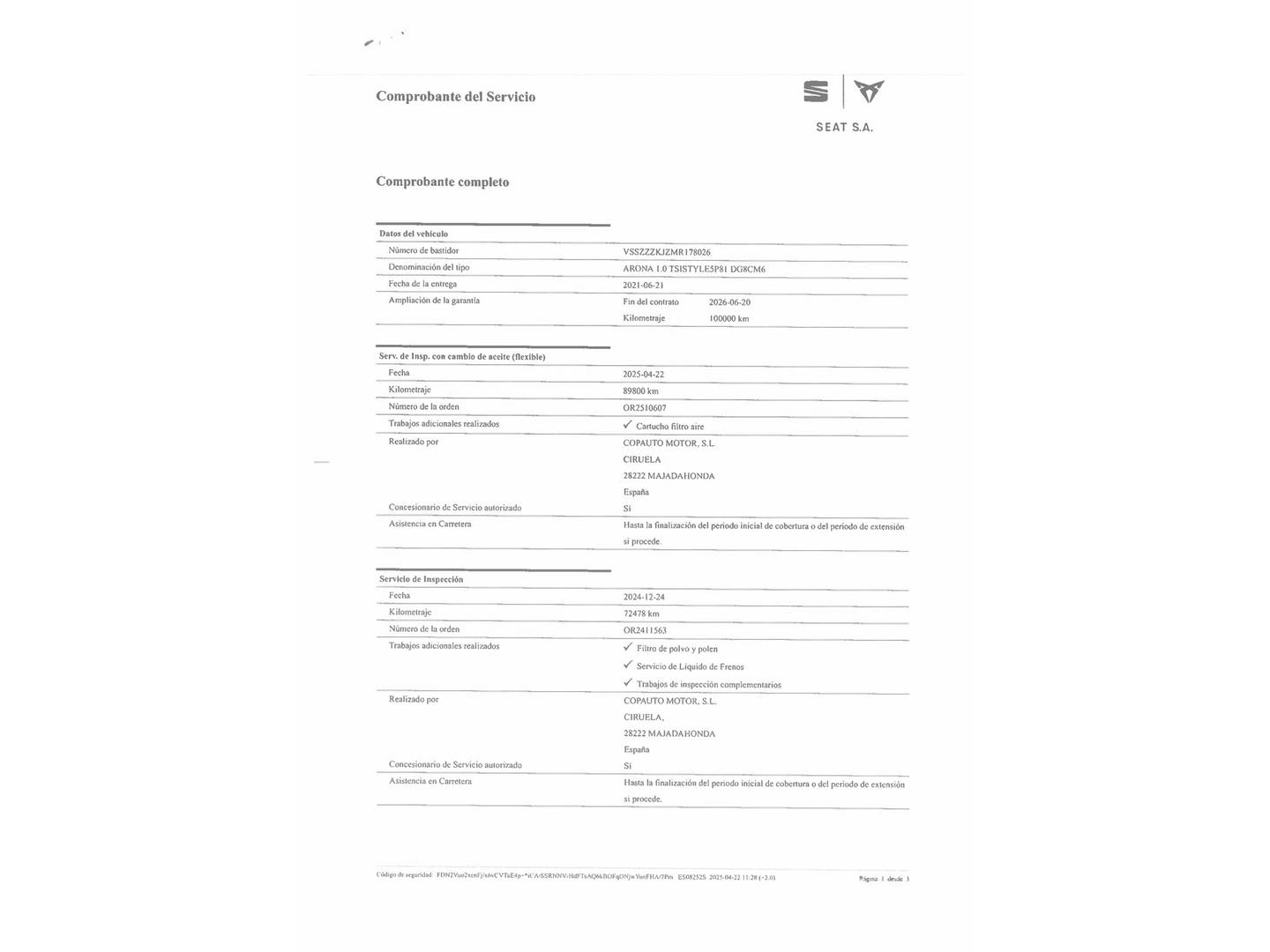 Foto del mantenimiento del Seat Arona Seat Arona 1.0 TSI Style Go2 (110 CV)
