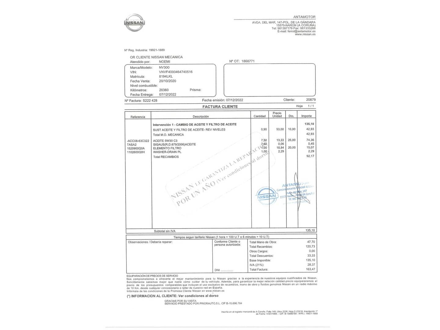 Foto del mantenimiento del Nissan NV300 Nissan NV300 Furgon 2.0 dCi Comfort L1H1 (120 CV)