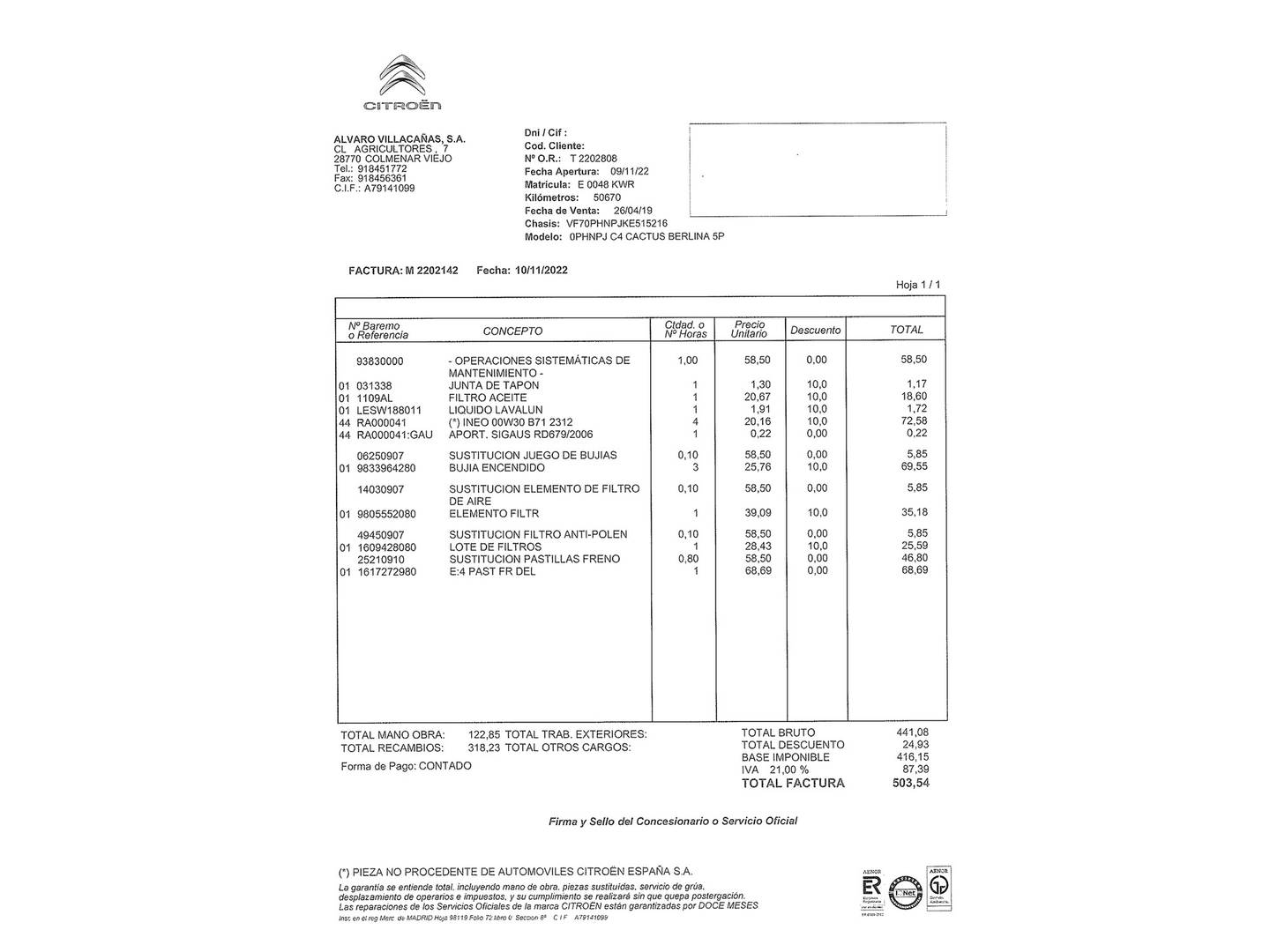 Foto del mantenimiento del Citroën C4 Cactus Citroën C4 Cactus PureTech 110 S&S Shine(110 CV)