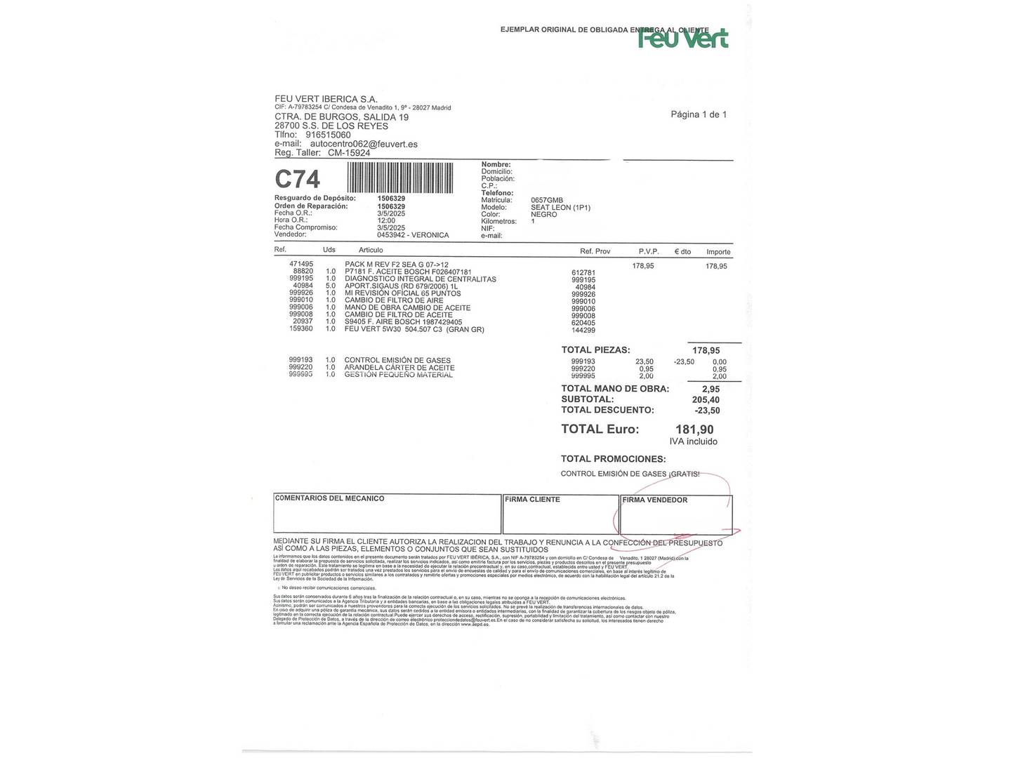 Foto del mantenimiento del Seat León Seat León 1.4 TSI Style (125 CV)