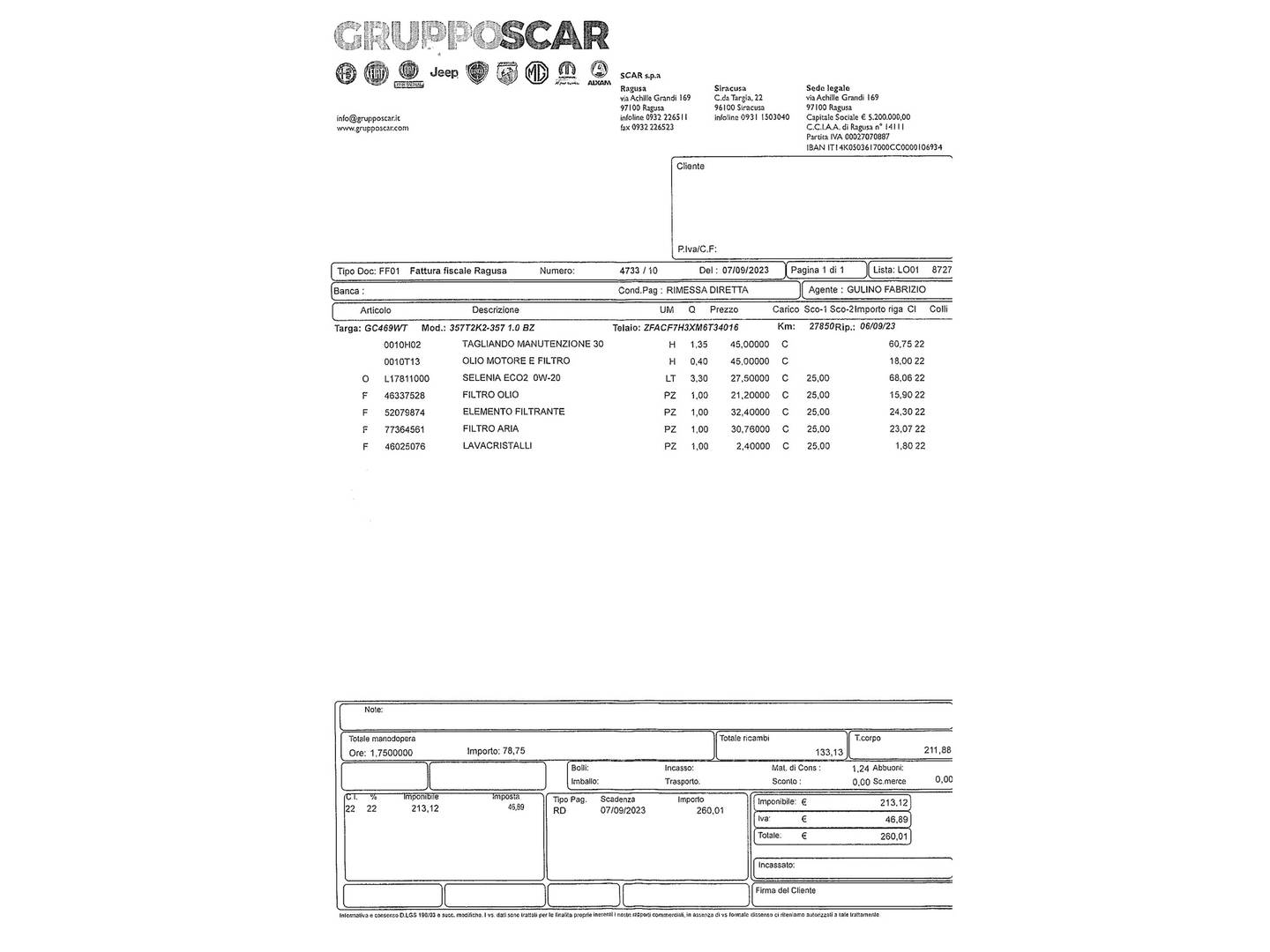 Foto del mantenimiento del Fiat Tipo Fiat Tipo 1.0 Cross (100 CV)