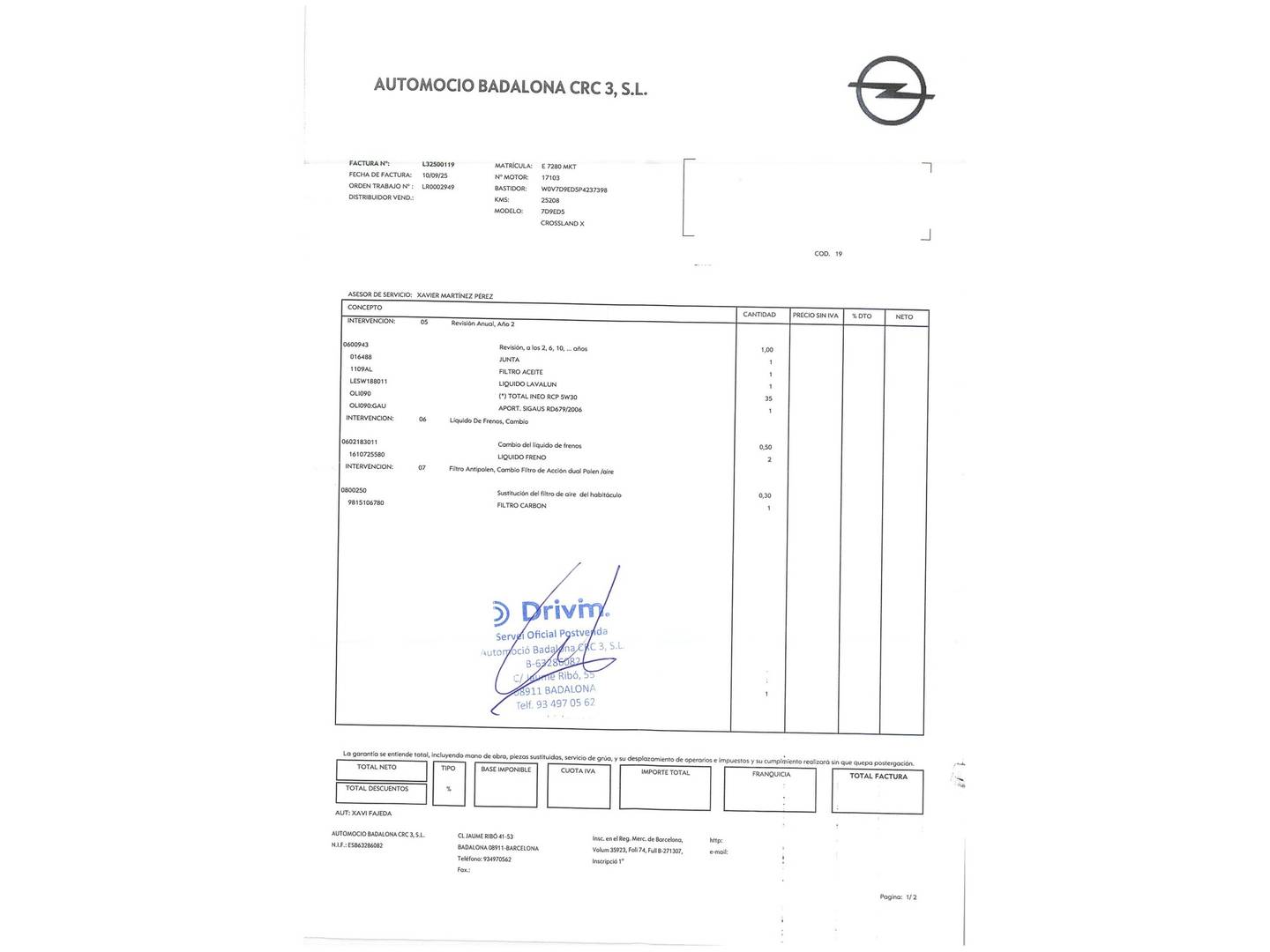 Foto del mantenimiento del Opel Crossland Opel Crossland 1.2 GS (110 CV)