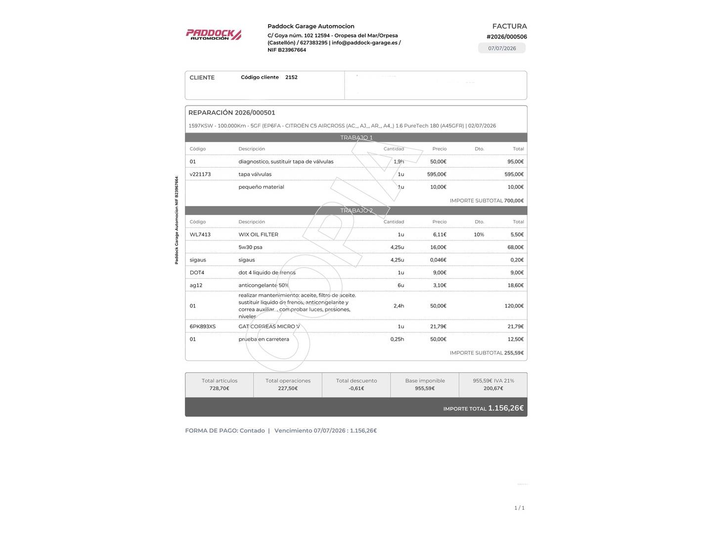 Foto del mantenimiento del Citroën C5 Aircross Citroën C5 Aircross PureTech 180 S&S Feel EAT8 (181 CV)
