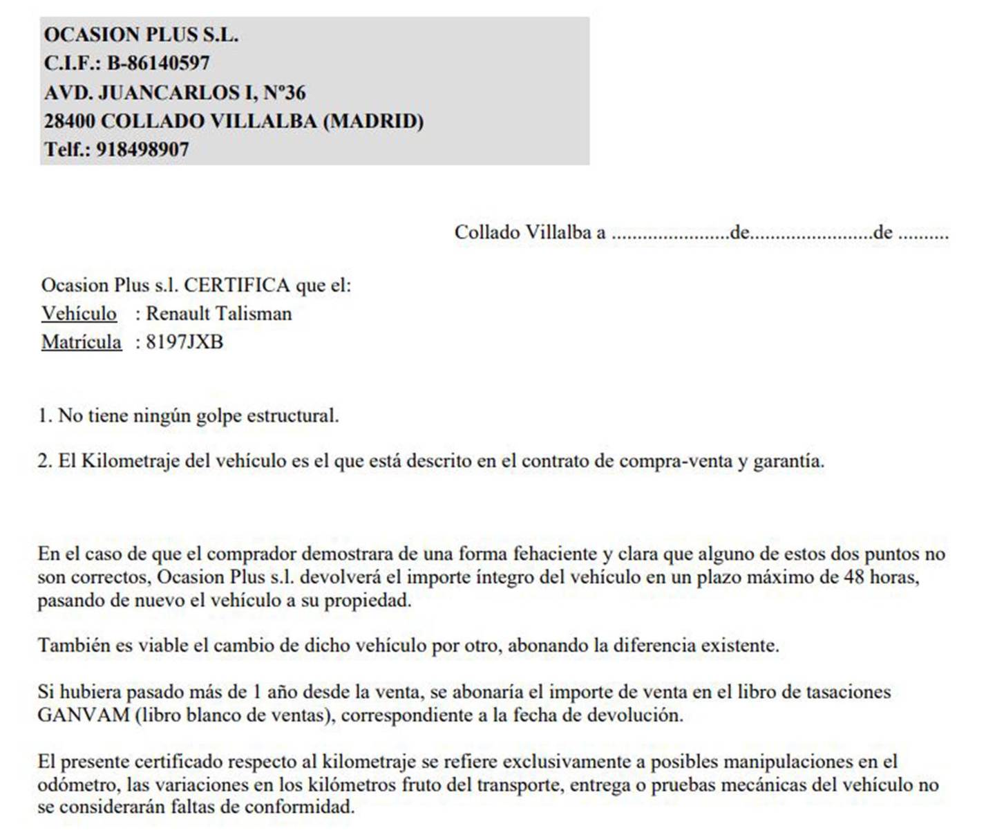 Foto del certificado del Renault Talisman Renault Talisman Intens Energy dCi (130 CV)