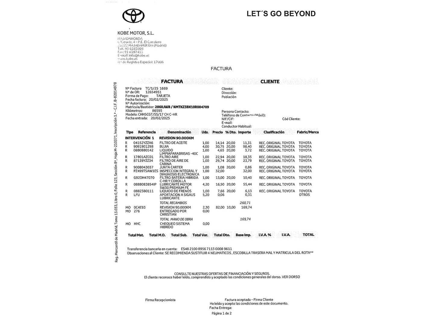 Foto del mantenimiento del Toyota C-HR Toyota C-HR 1.8 125H Advance (122 CV)