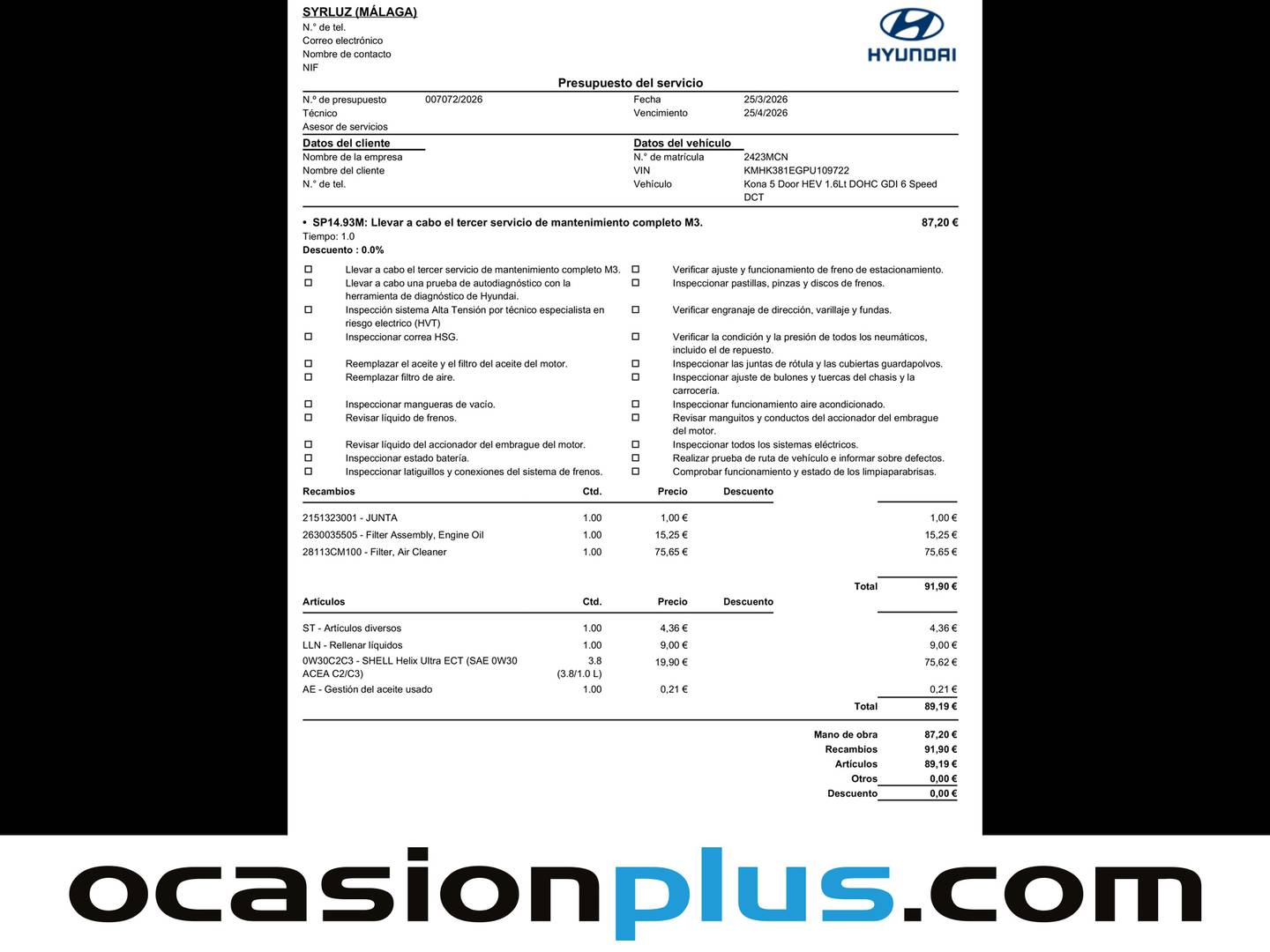 Foto del mantenimiento del Hyundai Kona Hyundai Kona 1.6 GDI HEV Tecno 2C DCT (141 CV)