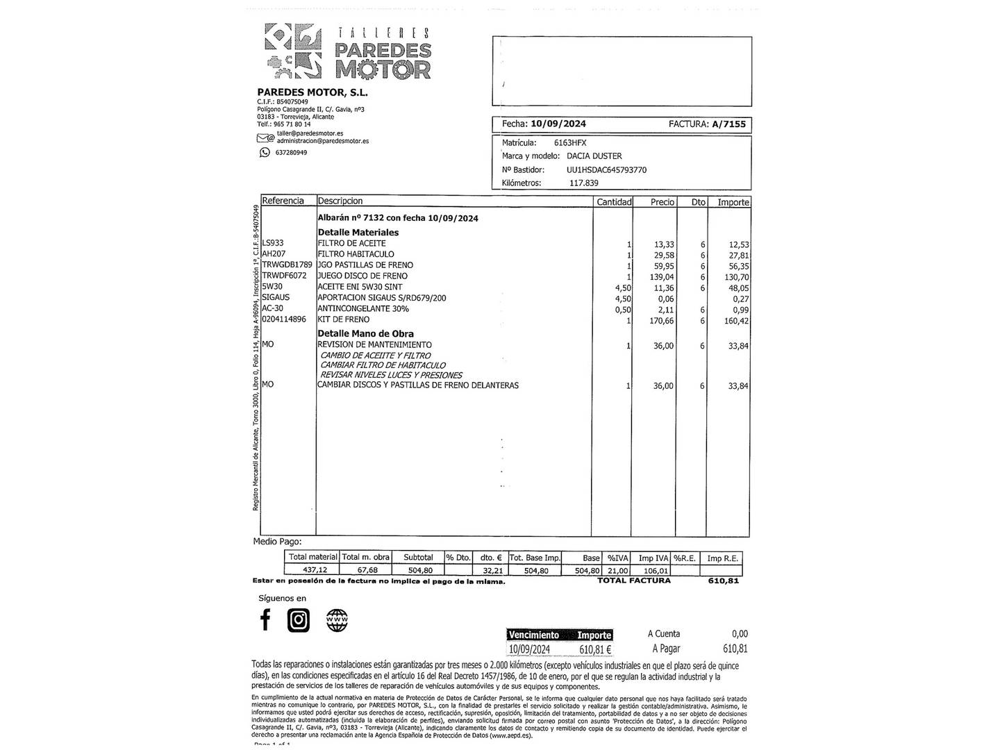 Foto del mantenimiento del Dacia Duster Dacia Duster Laureate dCi (107 CV)