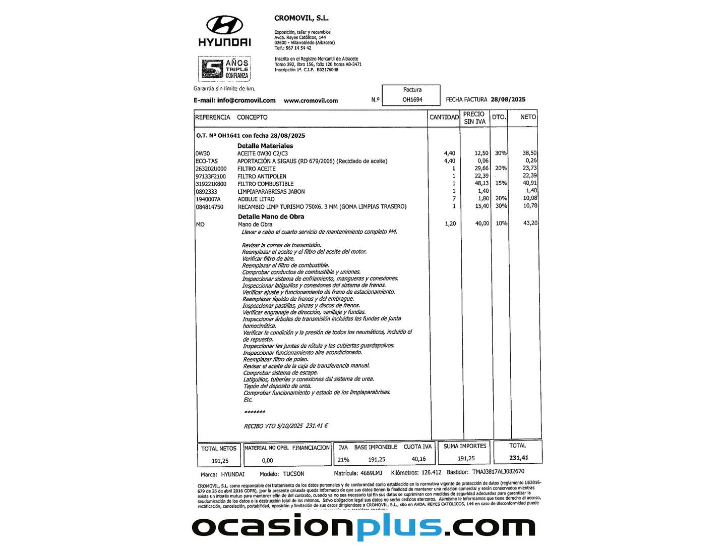 Foto del mantenimiento del Hyundai Tucson Hyundai Tucson 1.6 CRDI 48V SLE 4x2 (116 CV)