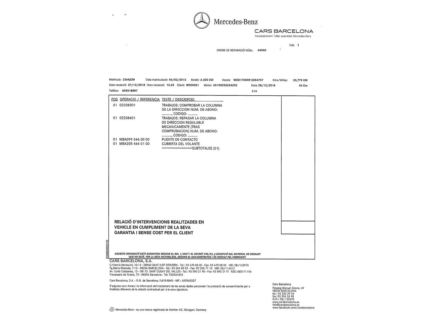 Foto del mantenimiento del Mercedes Clase A Mercedes Clase A 200 CDI AMG Line (136 CV)