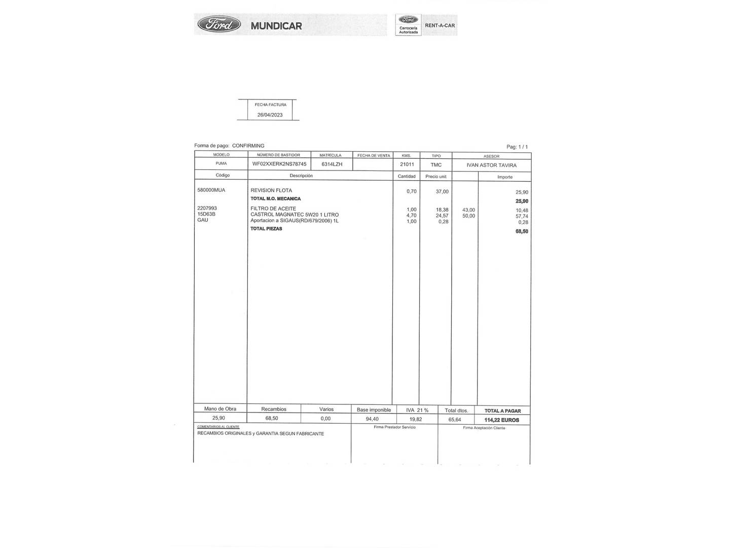 Foto del mantenimiento del Ford Puma Ford Puma 1.0 EcoBoost MHEV Titanium Design (125 CV)