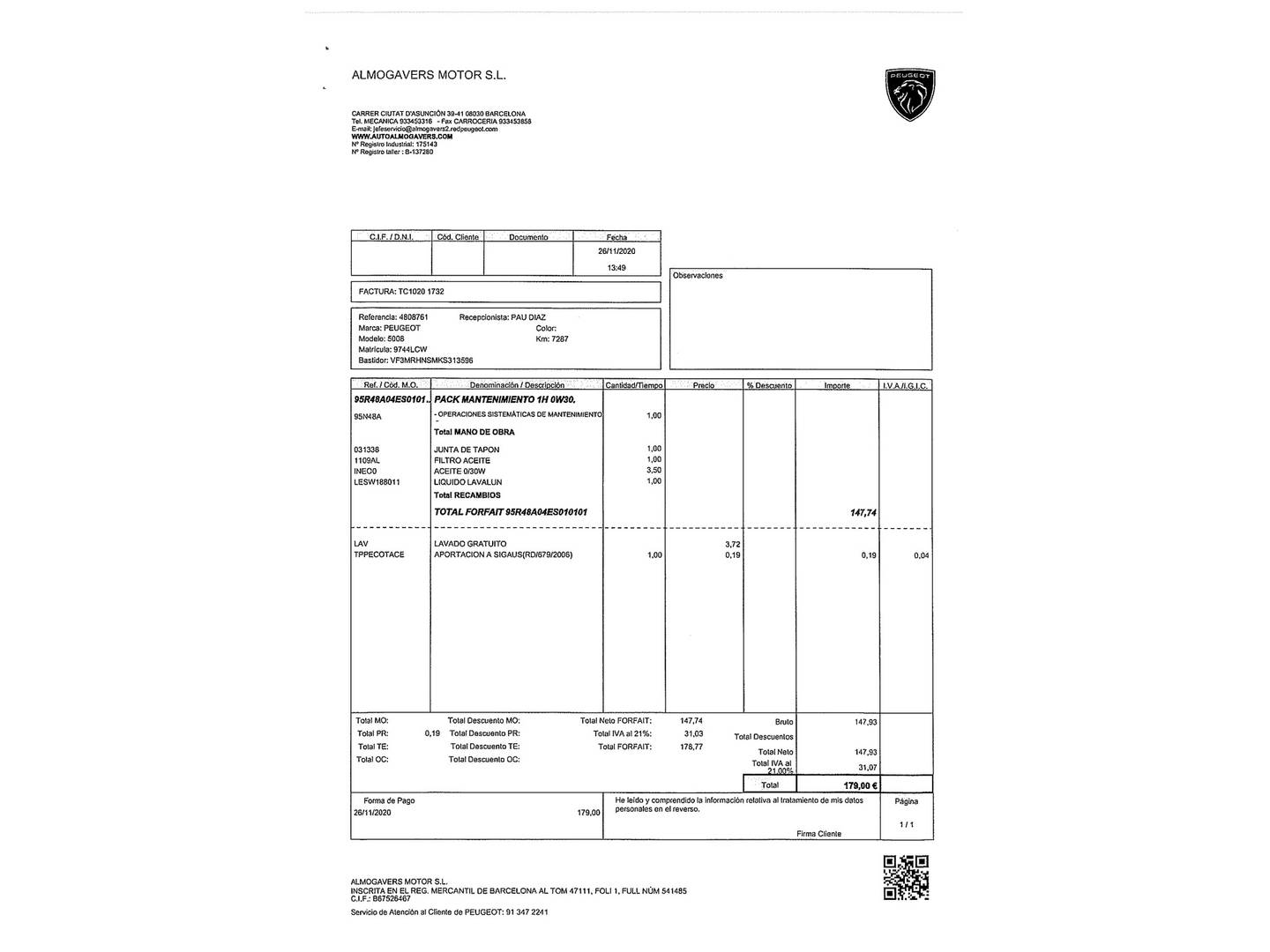 Foto del mantenimiento del Peugeot 5008 Peugeot 5008 PureTech 130 GT Line (130 CV) 7 Plazas
