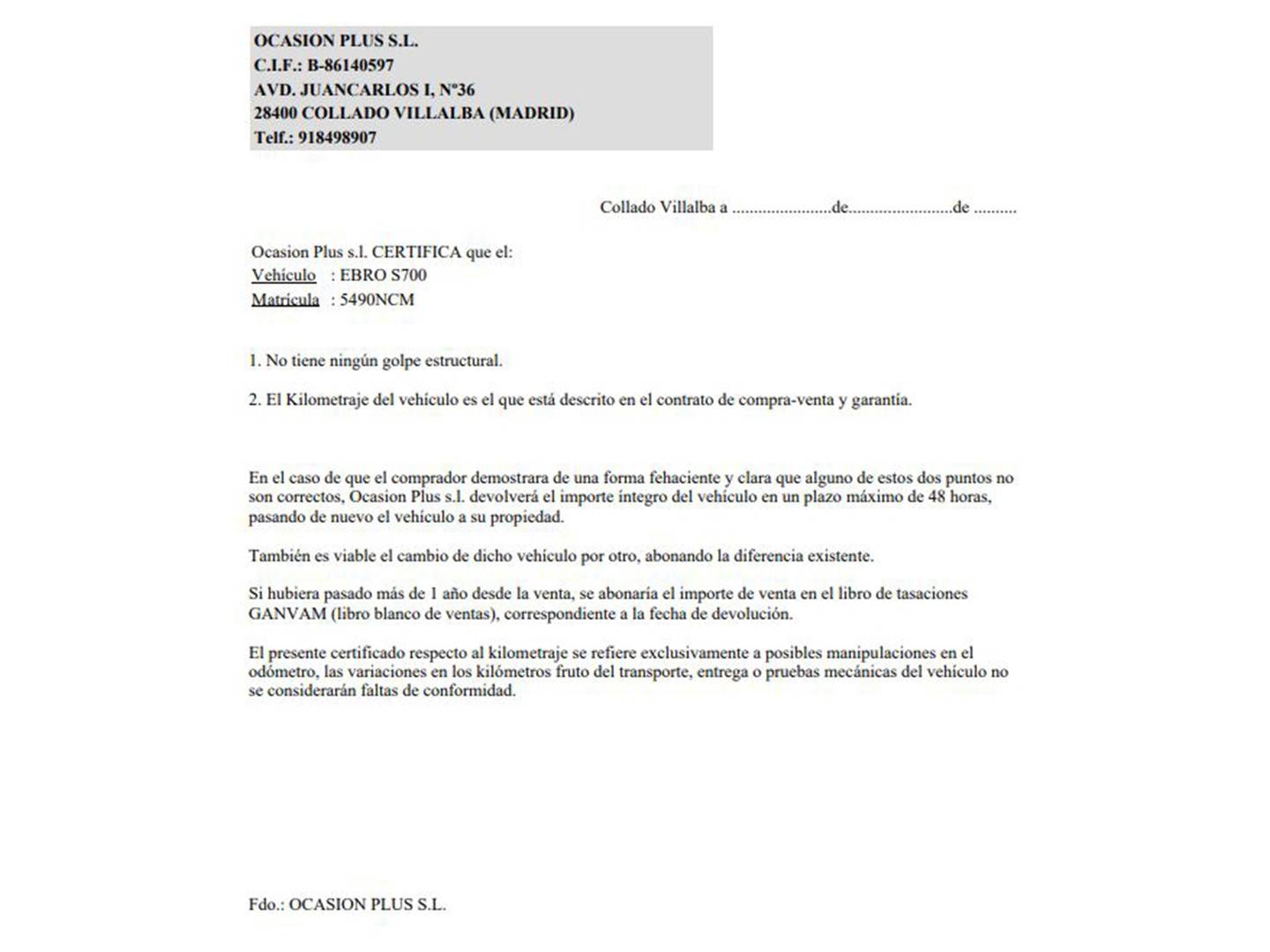 Foto del certificado del EBRO S700 EBRO S700 1.6 TGDI Comfort DCT (147 CV)