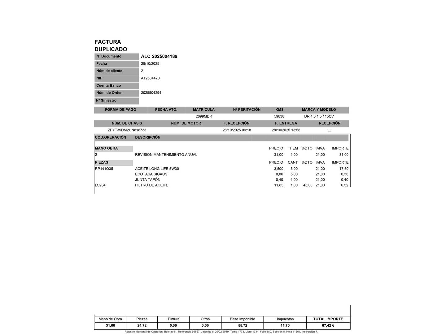 Foto del mantenimiento del DR AUTOMOBILES DR 4.0 DR AUTOMOBILES DR4 1.5 (116 CV)