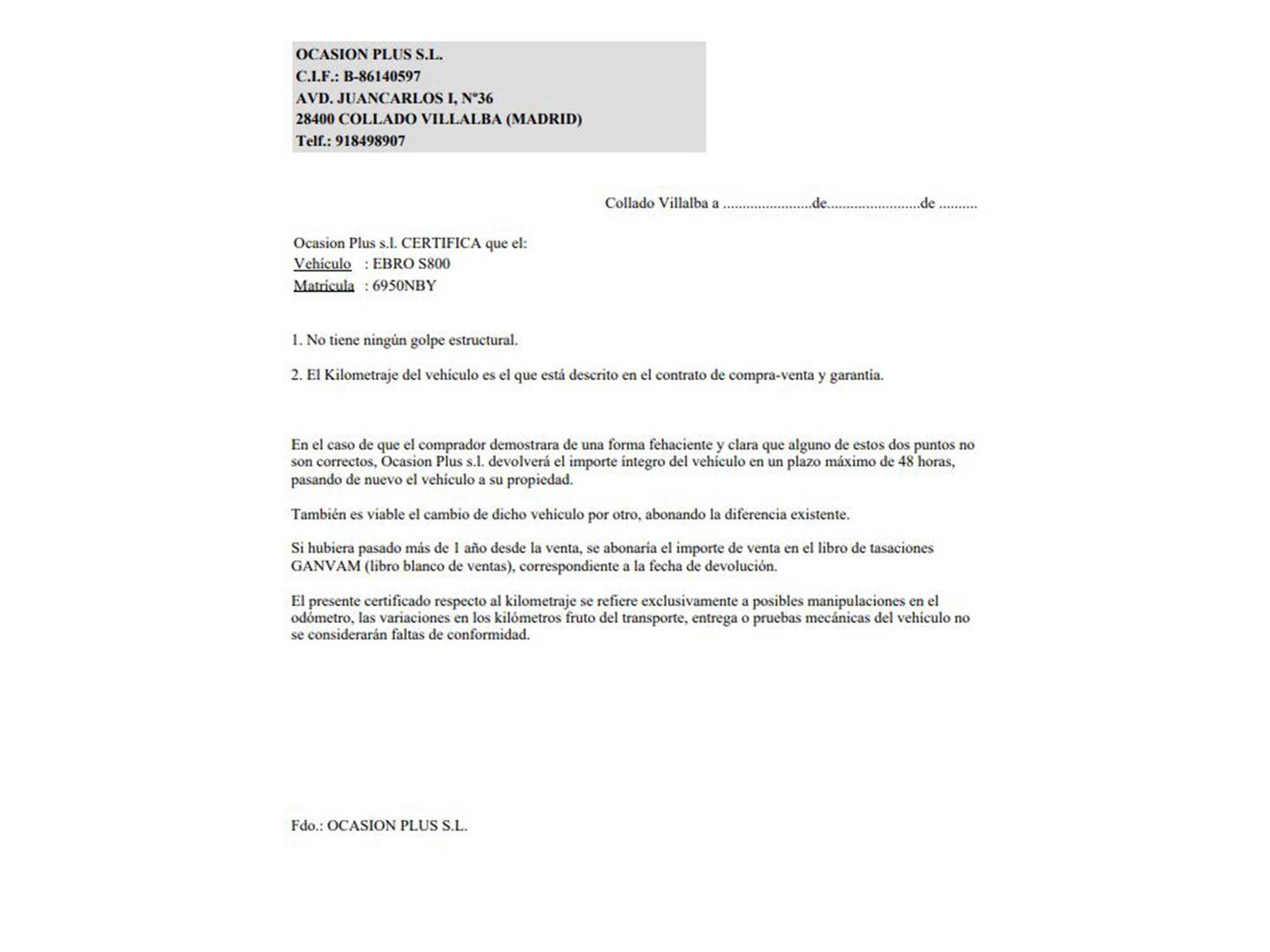 Foto del certificado del EBRO S800 EBRO S800 1.6 TGDI Premium DCT (147 CV) 7 Plazas