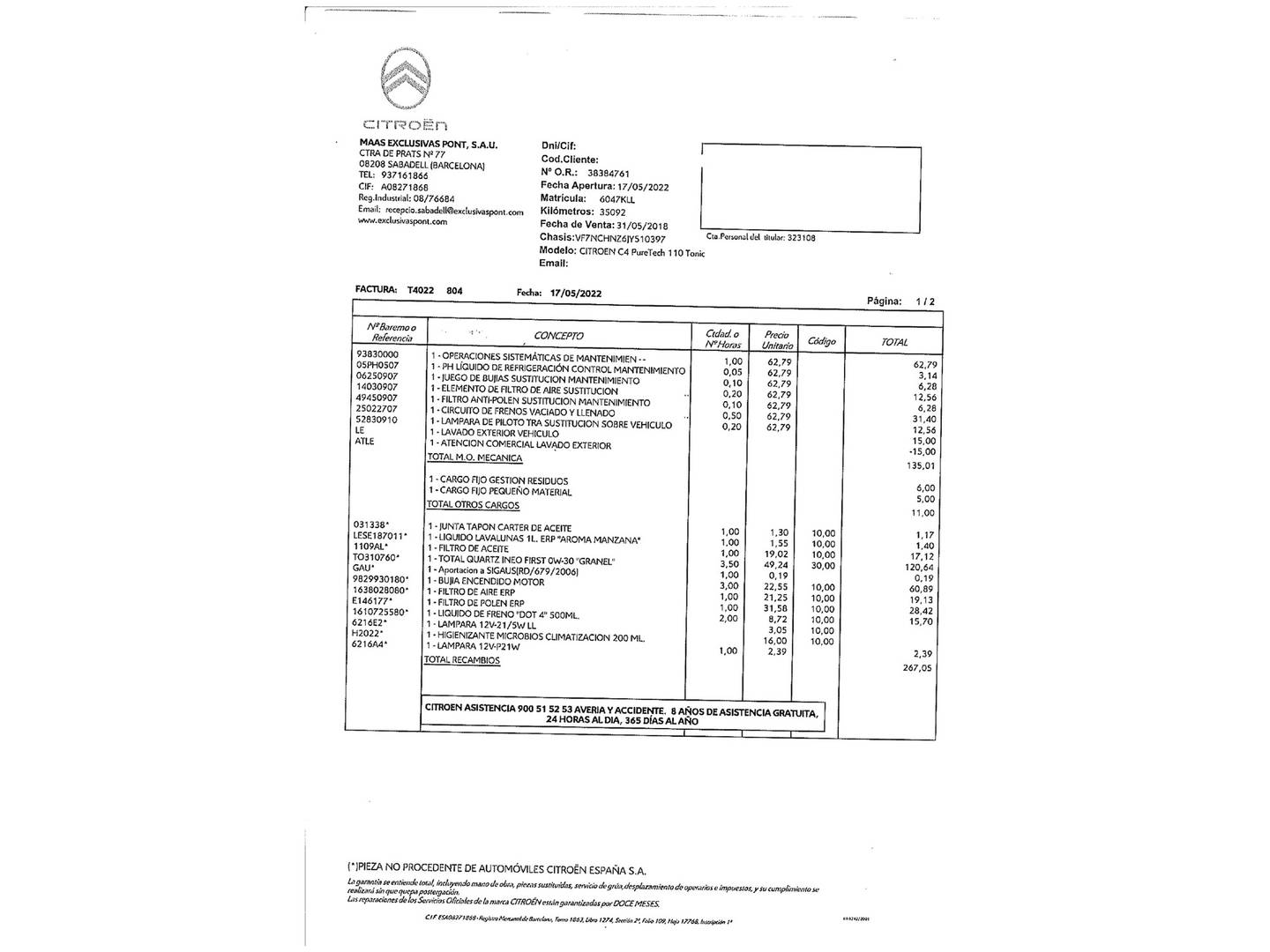 Foto del mantenimiento del Citroën C4 Citroën C4 PureTech 110 Tonic (110 CV)