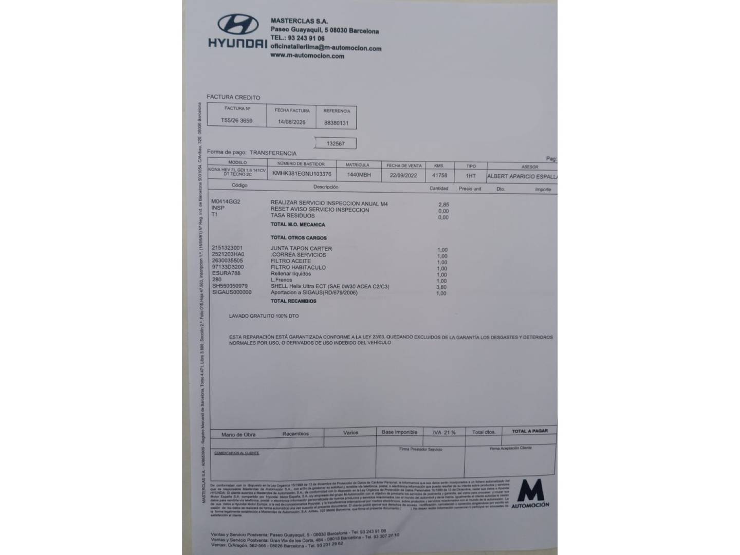 Foto del mantenimiento del Hyundai Kona Hyundai Kona 1.6 GDI HEV Tecno 2C DCT (141 CV)