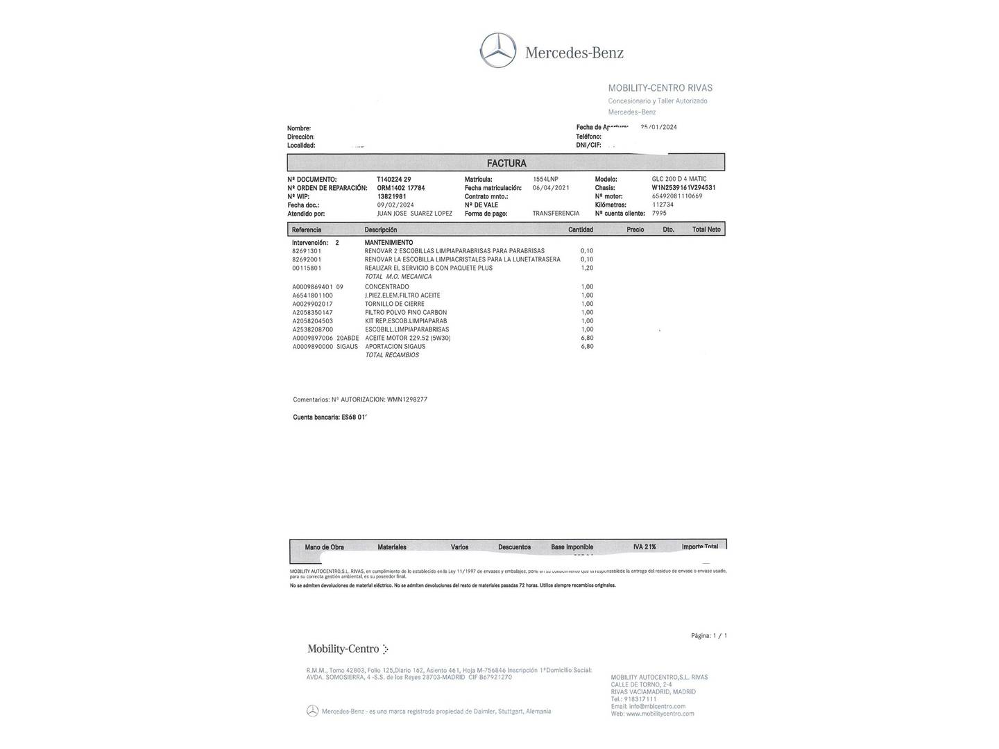 Foto del mantenimiento del Mercedes Clase GLC Mercedes GLC 200 d 4Matic (163 CV) Pack AMG
