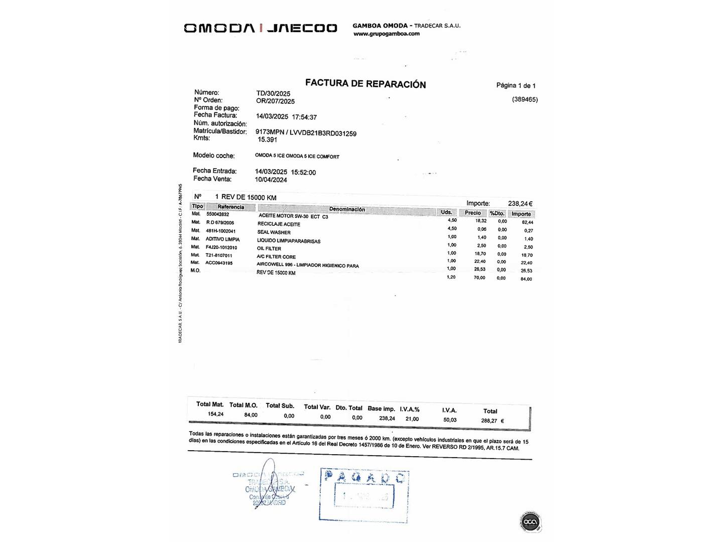 Foto del mantenimiento del OMODA 5 Omoda 5 1.6 T-GDI Comfort DCT (185 CV)