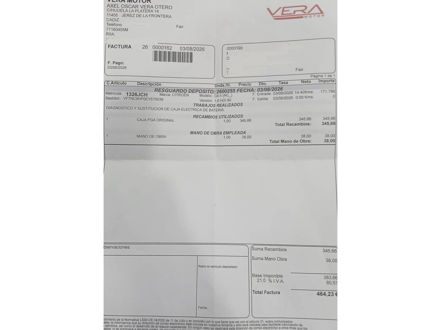 Foto del mantenimiento del Citroën C4 Citroën C4 1.6 HDI Tonic (92 CV)