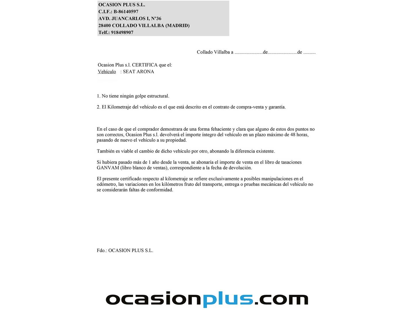 Foto del certificado del Seat Arona Seat Arona 1.0 TSI Style XL DSG (115 CV)
