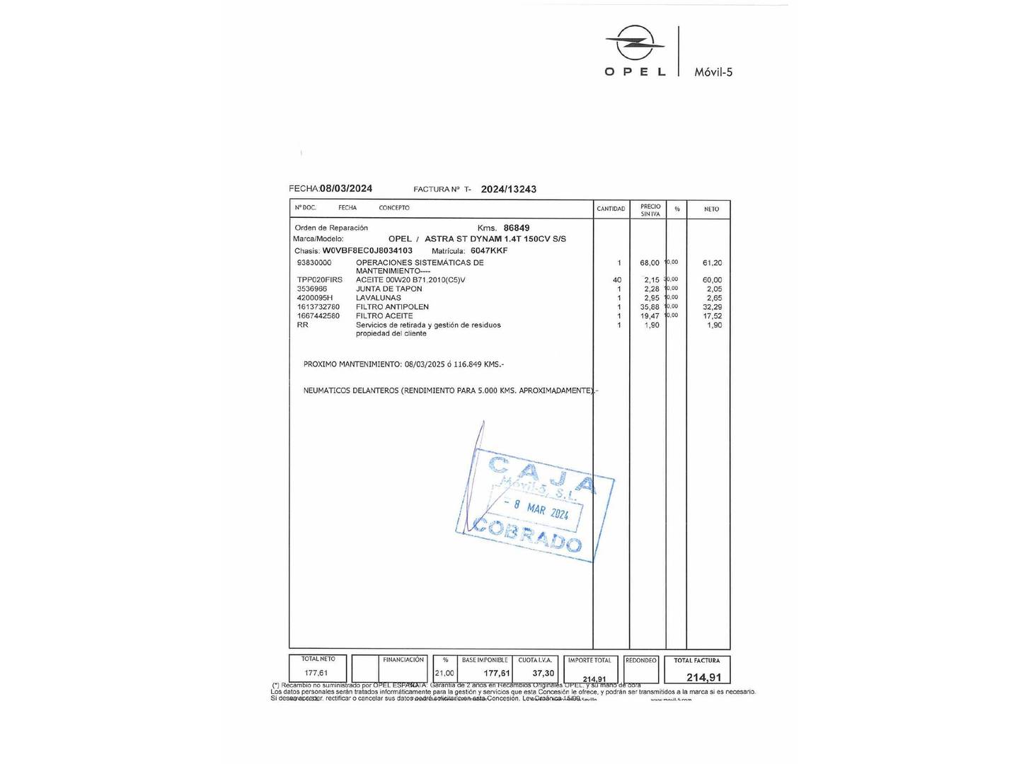 Foto del mantenimiento del Opel Astra Opel Astra 1.4 Turbo S&S Dynamic  (150 CV)