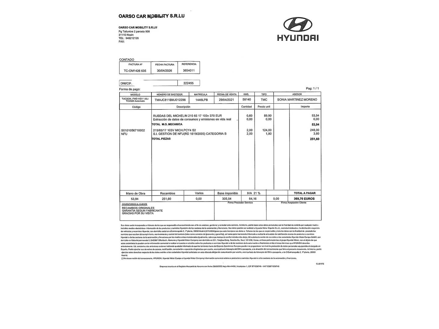 Foto del mantenimiento del Hyundai Tucson Hyundai Tucson 1.6 TGDI HEV Maxx Sky DCT (230 CV)