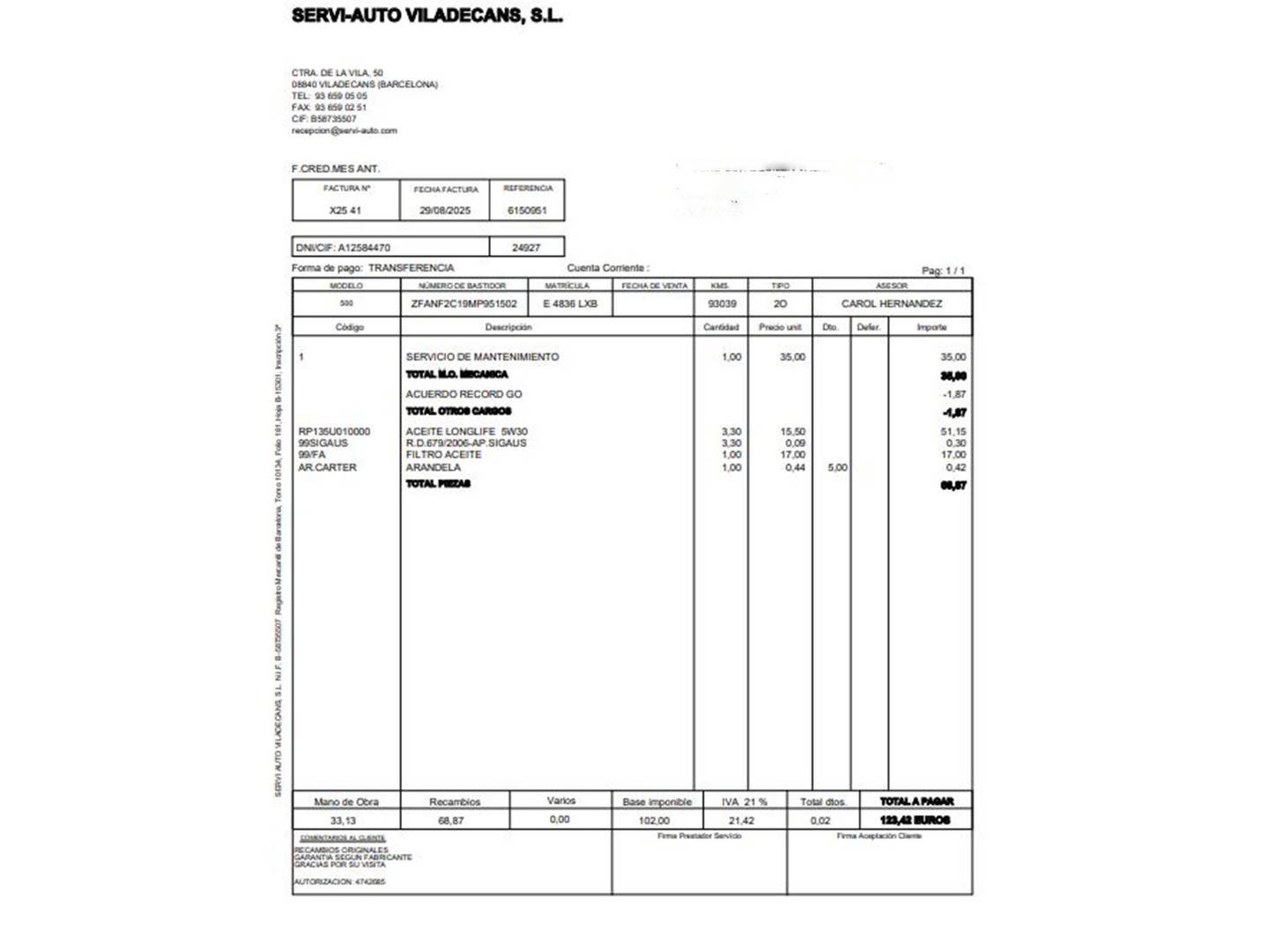 Foto del mantenimiento del Fiat 500X Fiat 500X 1.3 Firefly S&S Sport 4x2 DCT (150 CV)