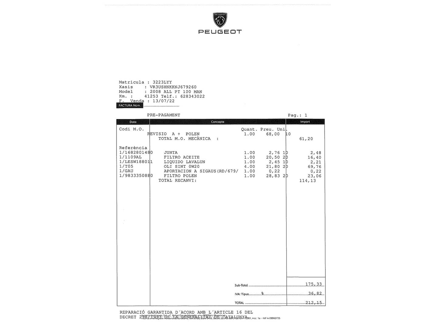 Foto del mantenimiento del Peugeot 2008 Peugeot 2008 PureTech 100 S&S Allure (100 CV)